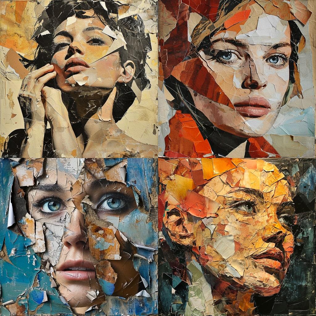 Torn paper collage style, Midjourney V6, render 1 of 4
