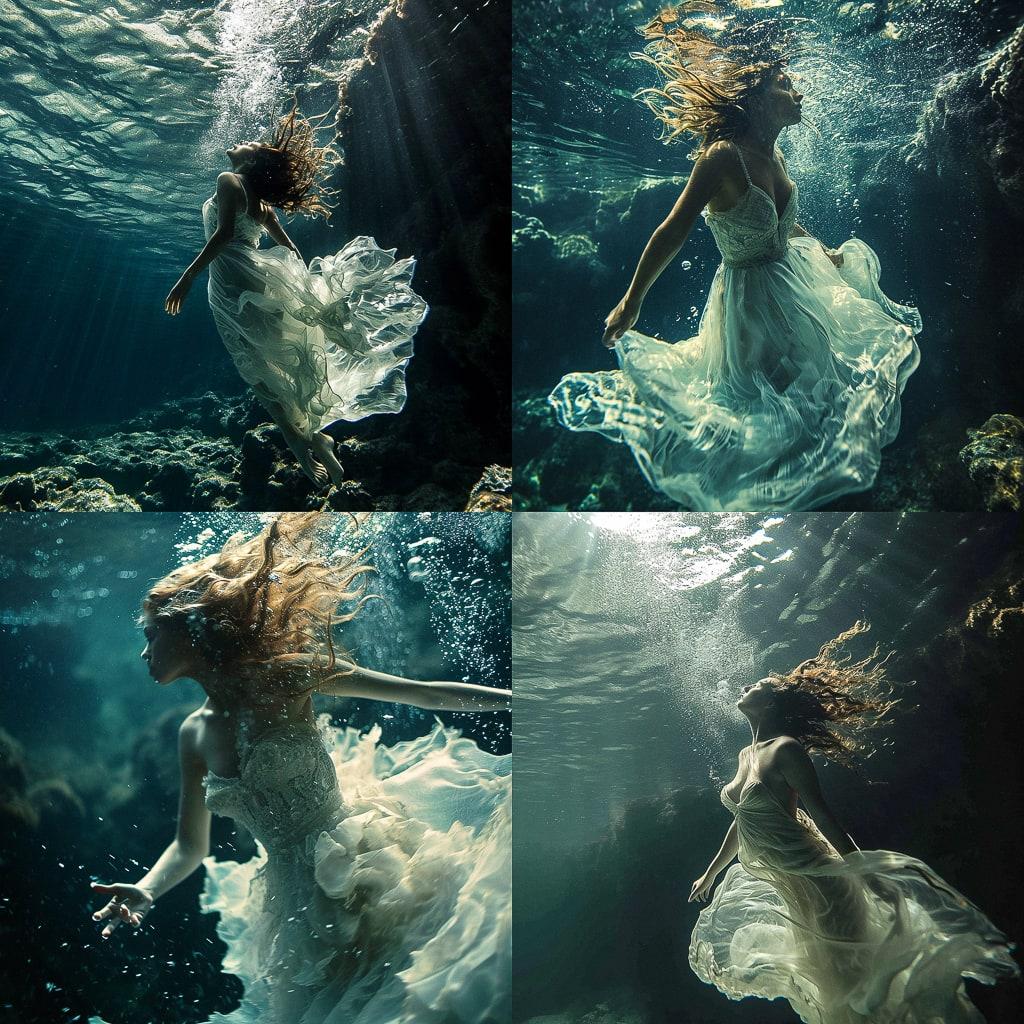 Underwater photography style, Midjourney V6, render 1 of 4