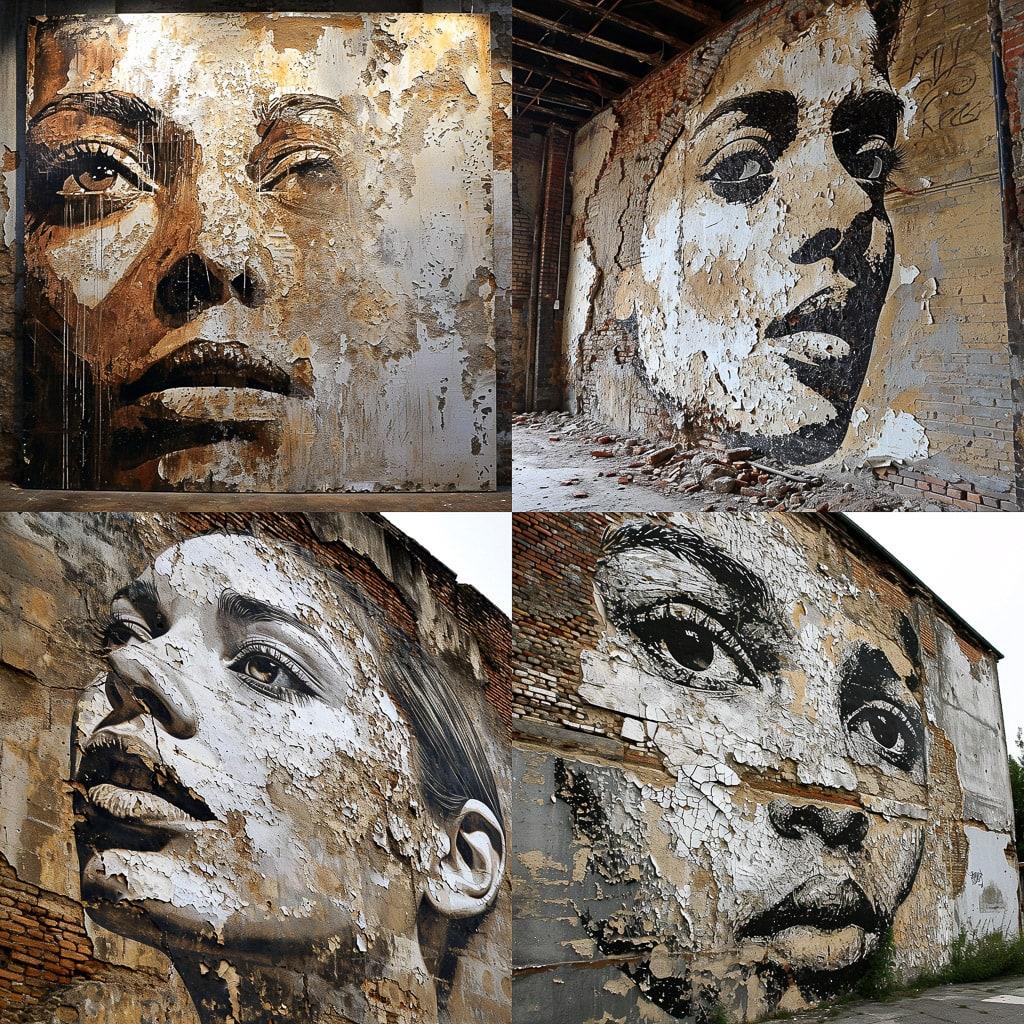 Vhils style, Midjourney V6, render 1 of 4