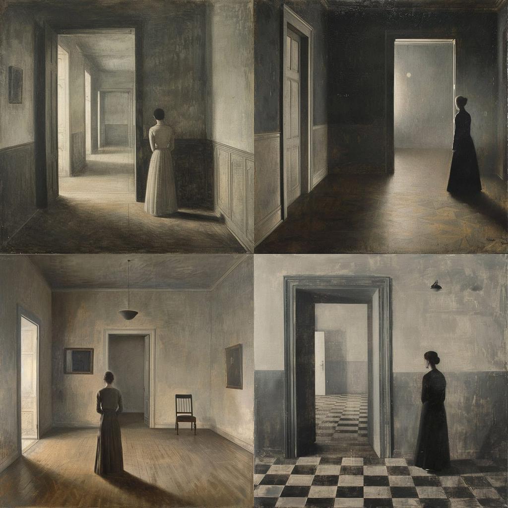 Vilhelm Hammershoi style, Midjourney V6, render 1 of 4