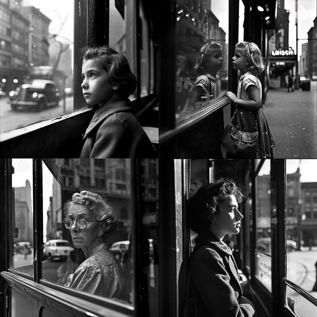 Vivian Maier style, Midjourney V6, render 1 of 4