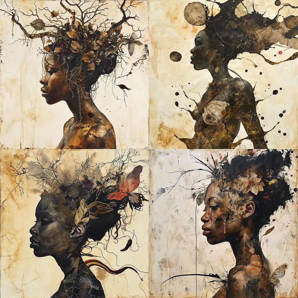 Wangechi Mutu style, Midjourney V6, render 1 of 4