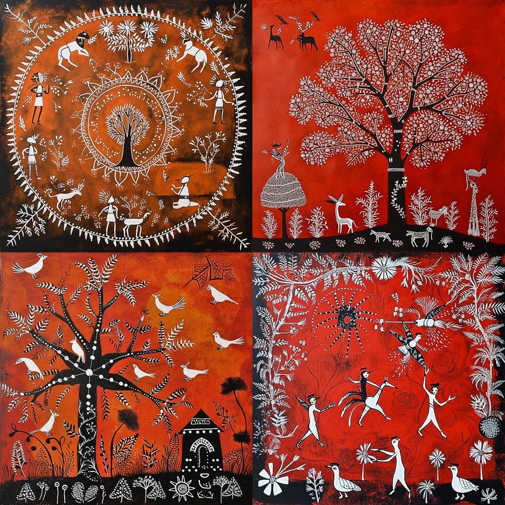 Warli painting style, Midjourney V6, render 1 of 4
