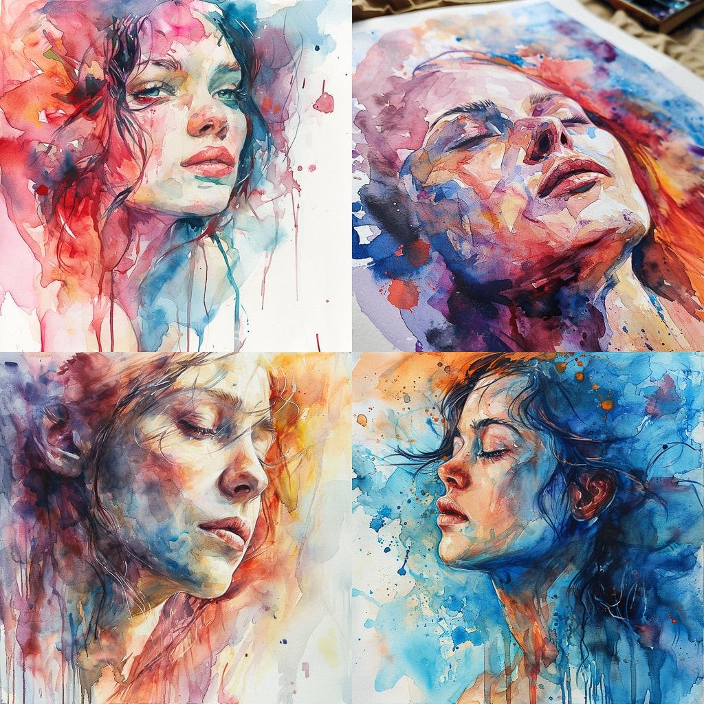 Watercolor paint style, Midjourney V6, render 1 of 4