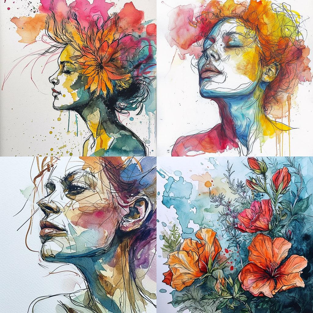 Watercolor with ink pen outline style, Midjourney V6, render 1 of 4