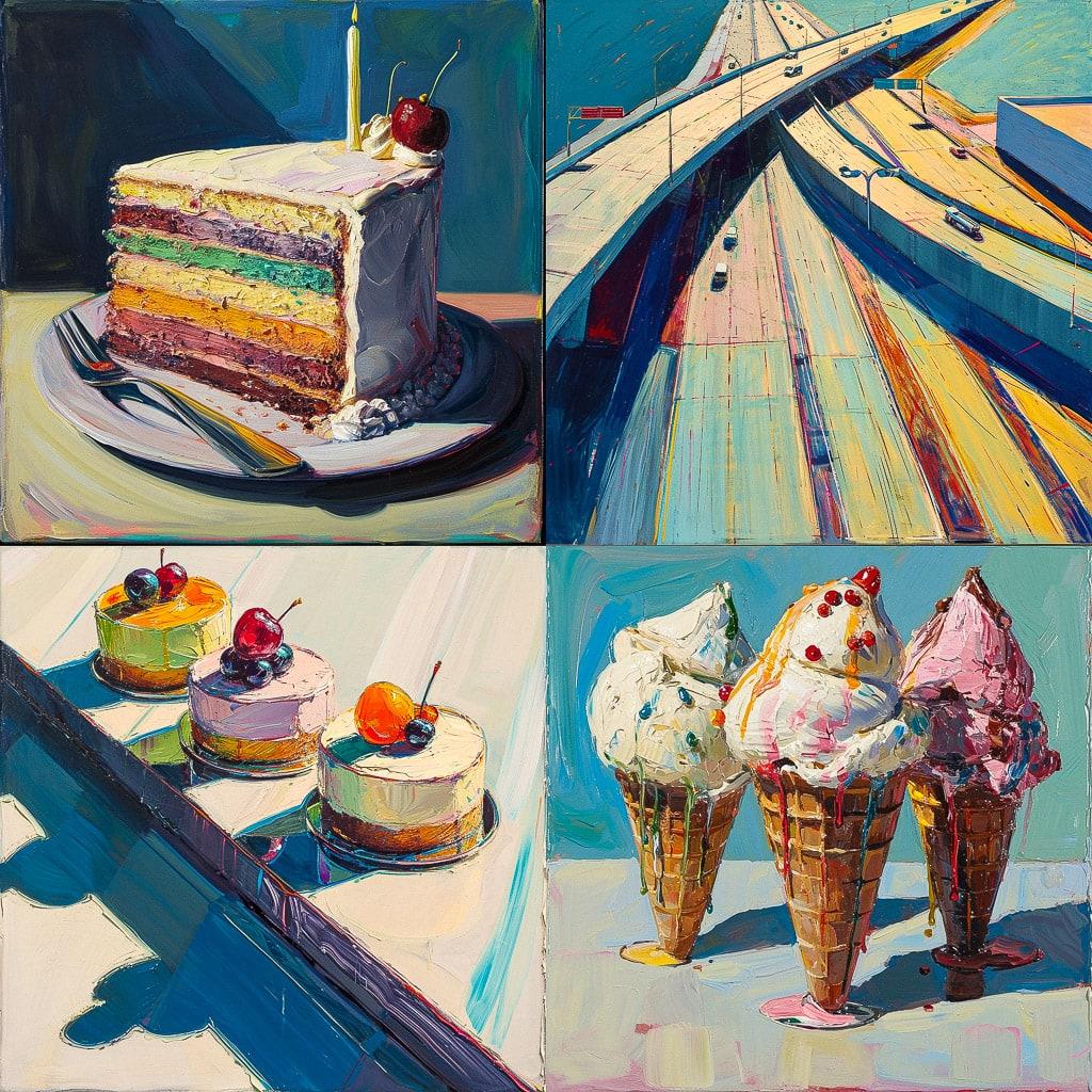 Wayne Thiebaud style, Midjourney V6, render 1 of 4