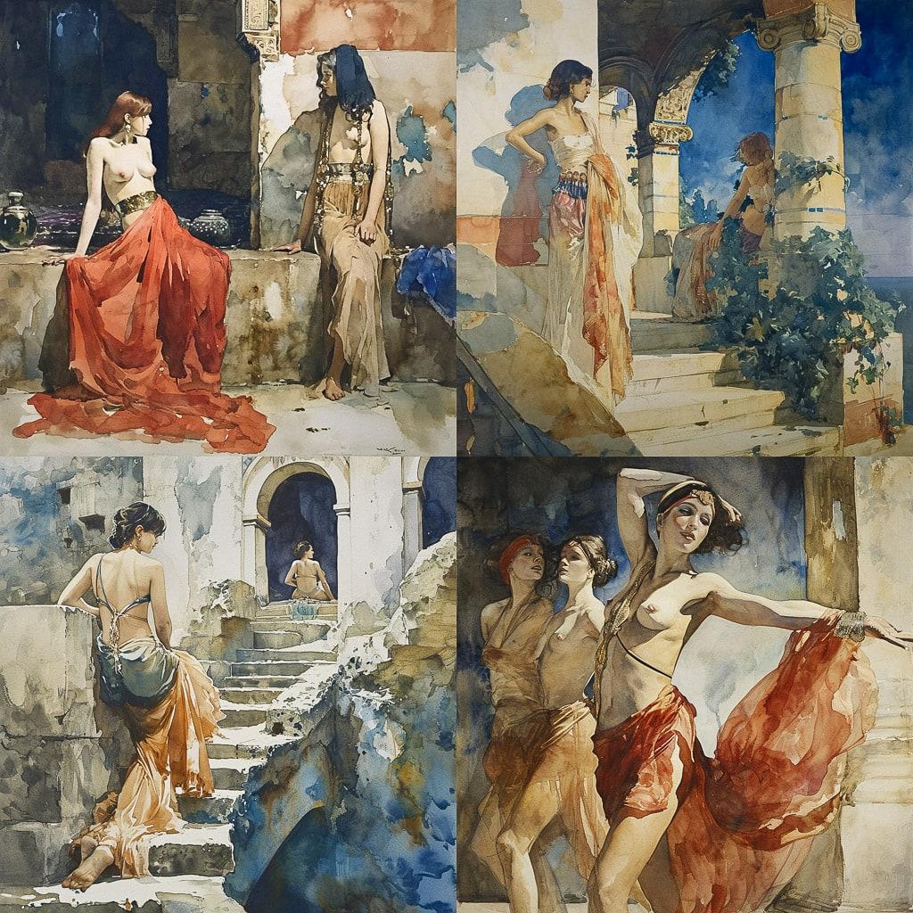William Russell Flint style, Midjourney V6, render 1 of 4