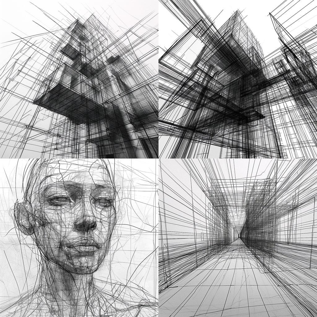 Wireframe drawing style, Midjourney V6, render 1 of 4