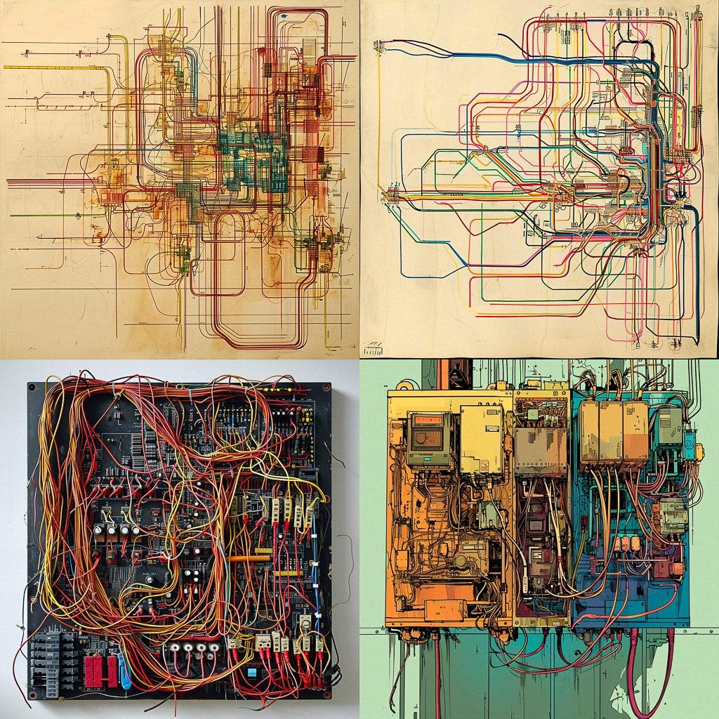 Wiring diagrams style, Midjourney V6, render 1 of 4