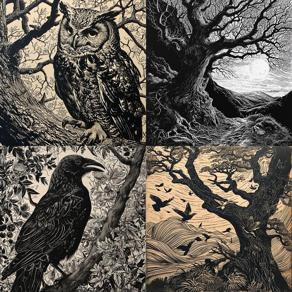 Wood engraving style, Midjourney V6, render 1 of 4