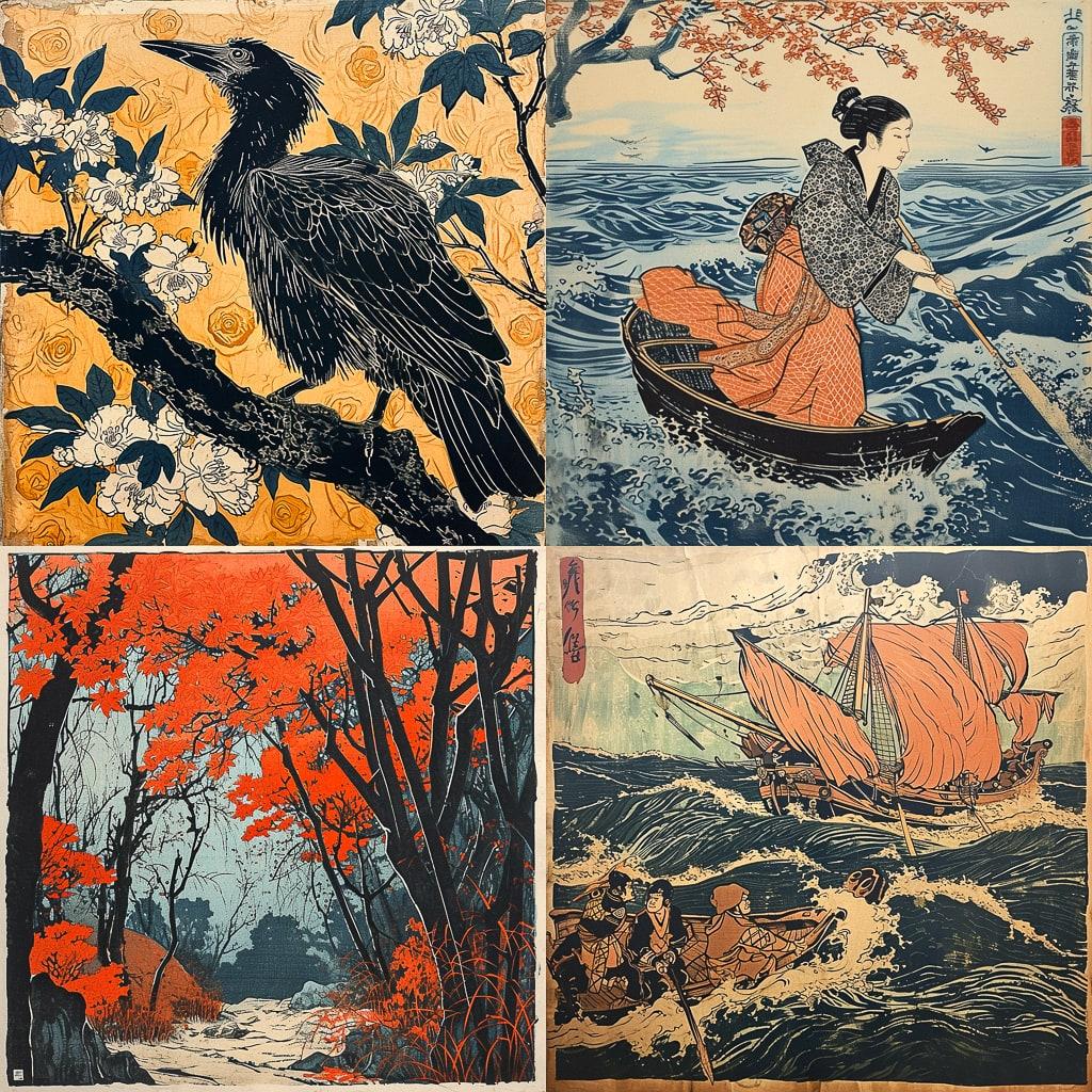 Woodblock print style, Midjourney V6, render 1 of 4