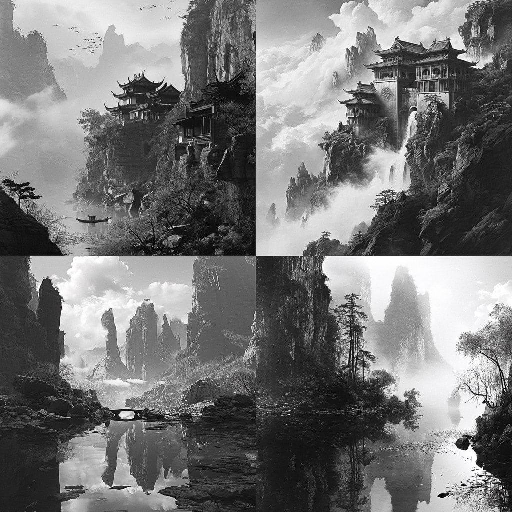 Yang Yongliang style, Midjourney V6, render 1 of 4