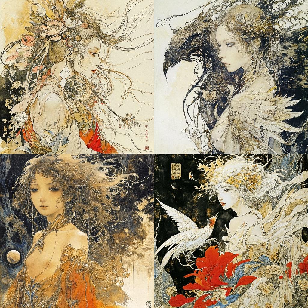 Yoshitaka Amano style, Midjourney V6, render 1 of 4