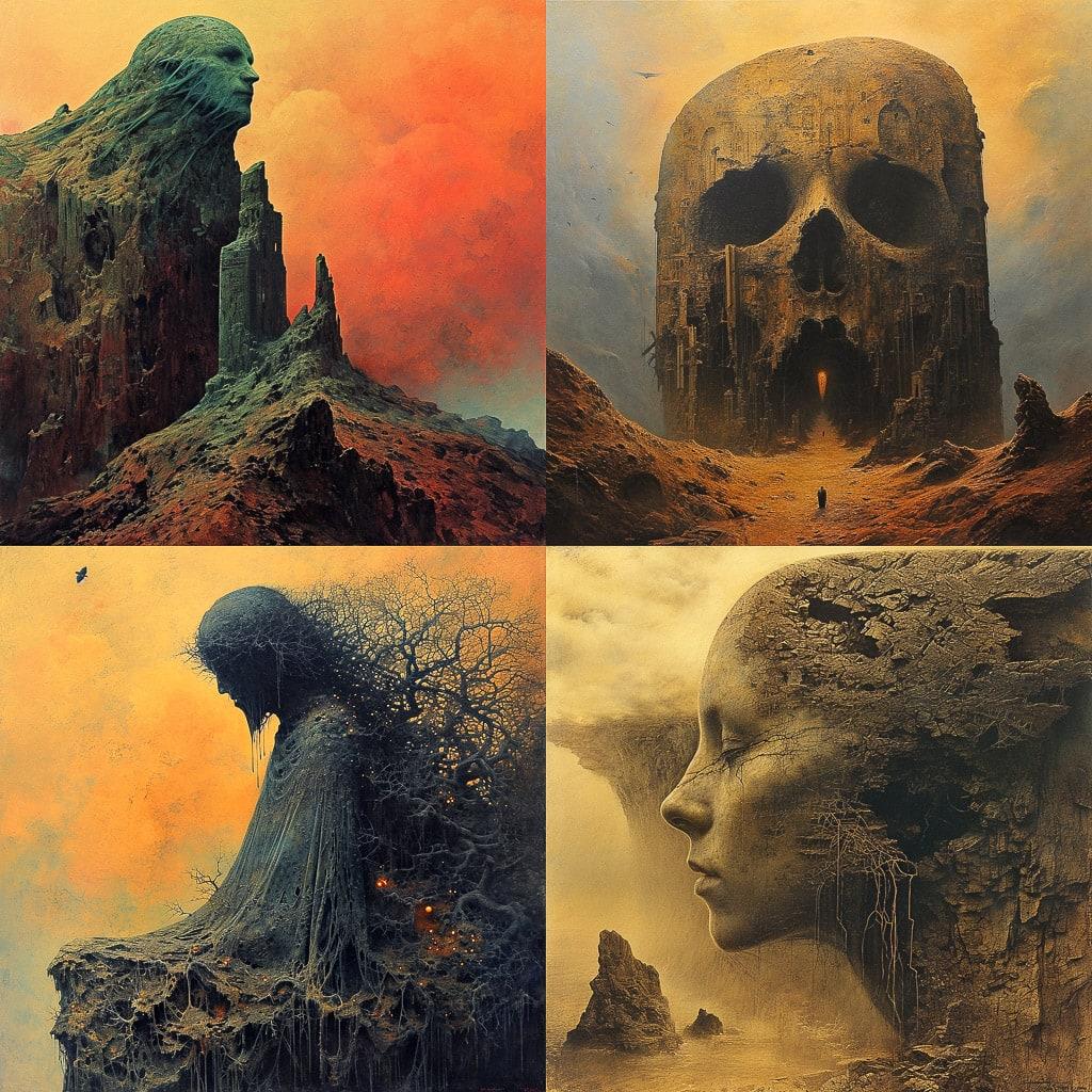 Zdzislaw Beksinski style, Midjourney V6, render 1 of 4