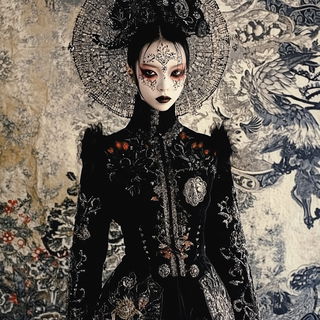 Sanguine Mordant style, Midjourney V6.1: haute-couture fashion outfit