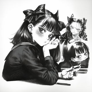 Copyveil Cities style, Midjourney V6.1: black-and-white manga comic strip