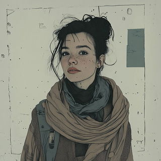 Coralwood Burin style, Midjourney V6.1: photographic portrait of female protagonist