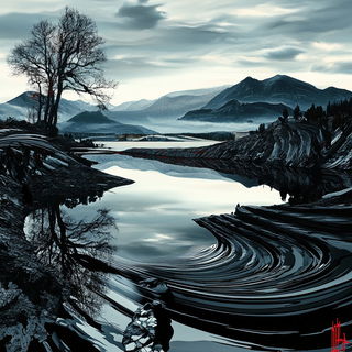 Refracture Highlands style, Midjourney V6.1: realistic landscape photograph of quiet dawn
