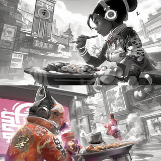 Gildcliff style, Midjourney V6.1: black-and-white manga comic strip