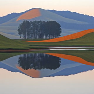 Mossbone Illustratics style, Midjourney V6.1: realistic landscape photograph of quiet dawn