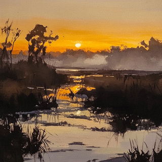 Tidecut style, Midjourney V6.1: realistic landscape photograph of quiet dawn