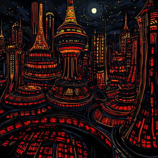 Knotwork Panic style, Midjourney V6.1: megacity with futuristic bioarchitecture