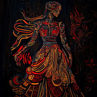 Knotwork Panic style, Midjourney V6.1: haute-couture fashion outfit