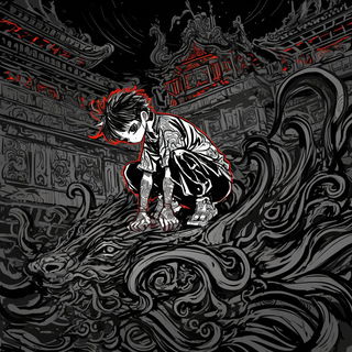 Knotwork Panic style, Midjourney V6.1: black-and-white manga comic strip