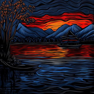 Knotwork Panic style, Midjourney V6.1: realistic landscape photograph of quiet dawn