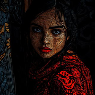 Knotwork Panic style, Midjourney V6.1: photographic portrait of female protagonist