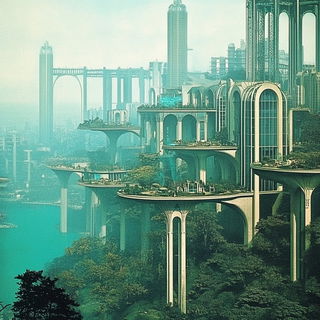 Pines Beneath the Cel Clouds style, Midjourney V6.1: megacity with futuristic bioarchitecture