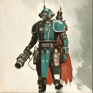 Pines Beneath the Cel Clouds style, Midjourney V6.1: concept art character design of retropunk steam knight