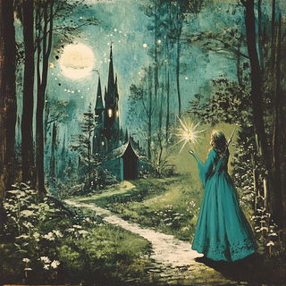 Pines Beneath the Cel Clouds style, Midjourney V6.1: retro fairy-tale illustration