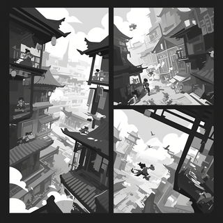 Lampblack Quays style, Midjourney V6.1: black-and-white manga comic strip