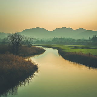 Lampblack Quays style, Midjourney V6.1: realistic landscape photograph of quiet dawn