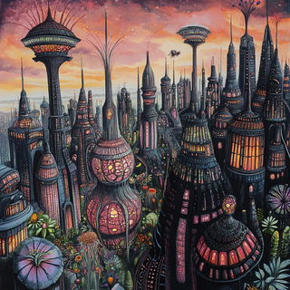 Mesofront Iconics style, Midjourney V6.1: megacity with futuristic bioarchitecture