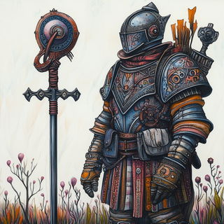 Mesofront Iconics style, Midjourney V6.1: concept art character design of retropunk steam knight