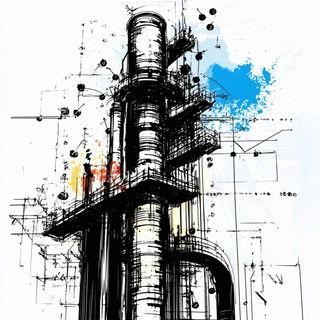 Inkoclast style, Midjourney V6.1: technical infrastructure blueprint schematics