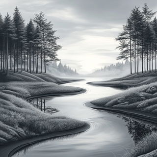 Hushcurrent style, Midjourney V6.1: realistic landscape photograph of quiet dawn