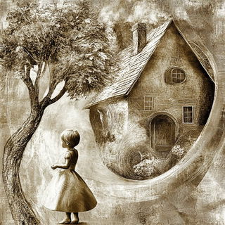 Circles Under the Ink Mountain style, Midjourney V6.1: retro fairy-tale illustration