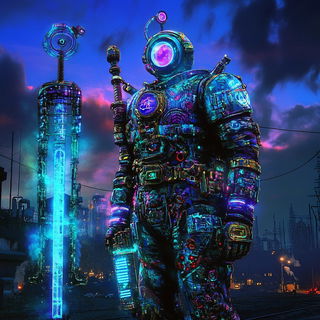 Suncut Dramatics style, Midjourney V6.1: concept art character design of retropunk steam knight