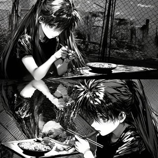 Suncut Dramatics style, Midjourney V6.1: black-and-white manga comic strip