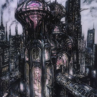 Filigree Astrarium style, Midjourney V6.1: megacity with futuristic bioarchitecture