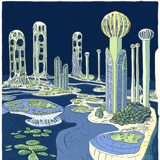 Mami Wata Color Rite style, Midjourney V6.1: megacity with futuristic bioarchitecture