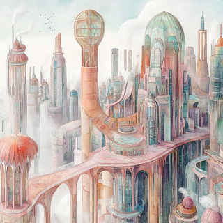 Suntrack Inkfolk style, Midjourney V6.1: megacity with futuristic bioarchitecture
