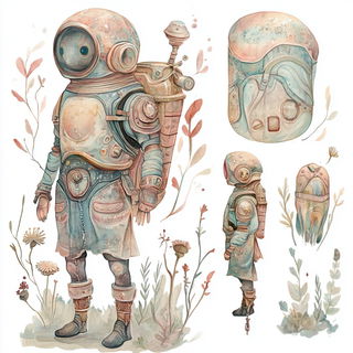 Suntrack Inkfolk style, Midjourney V6.1: concept art character design of retropunk steam knight