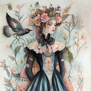 Suntrack Inkfolk style, Midjourney V6.1: haute-couture fashion outfit