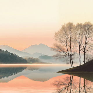Engraverocadia style, Midjourney V6.1: realistic landscape photograph of quiet dawn