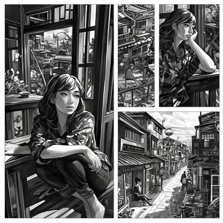Inkscratchery style, Midjourney V6.1: black-and-white manga comic strip