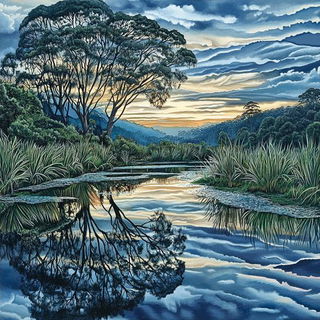 Inkscratchery style, Midjourney V6.1: realistic landscape photograph of quiet dawn